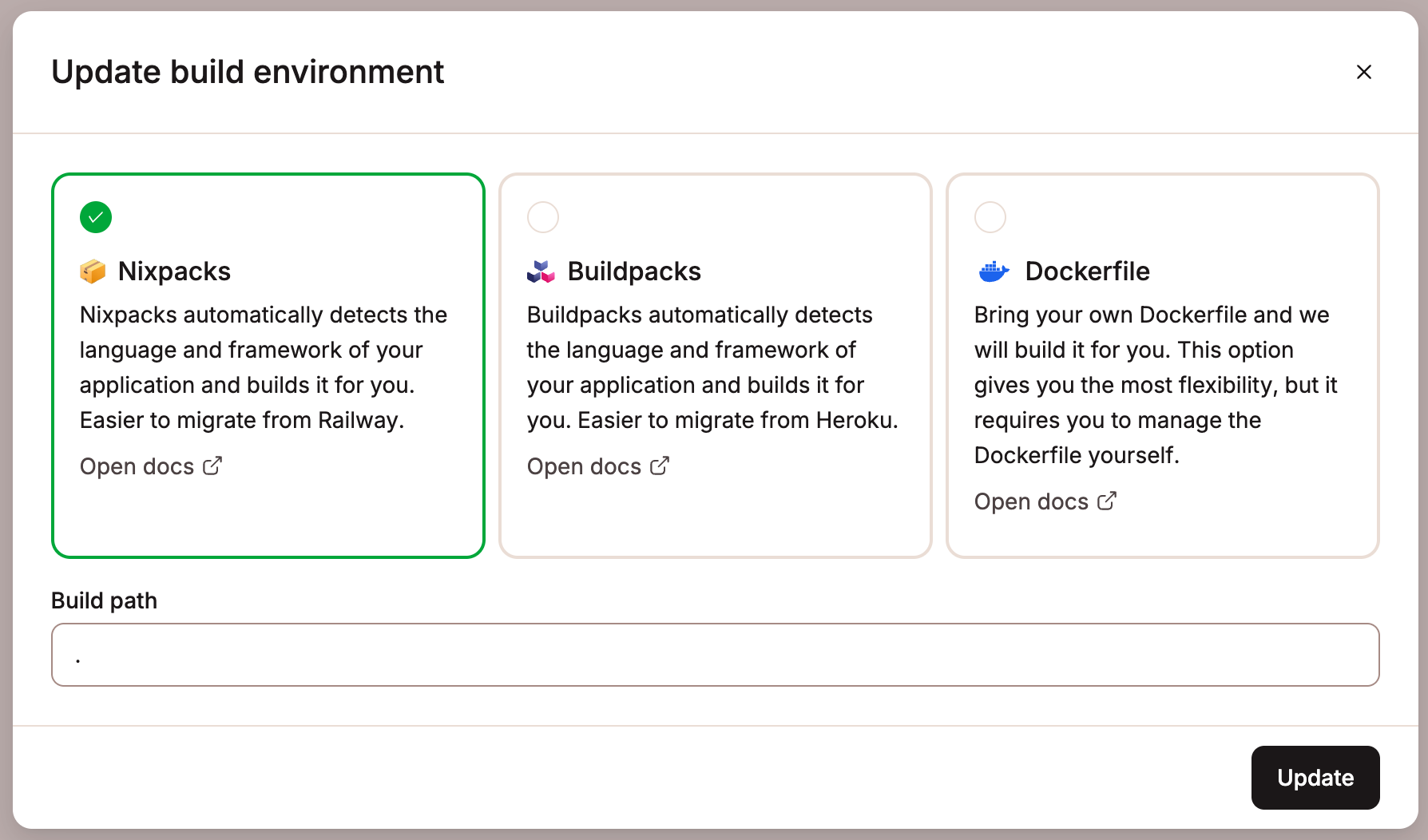 Select Nixpacks for your build environment.