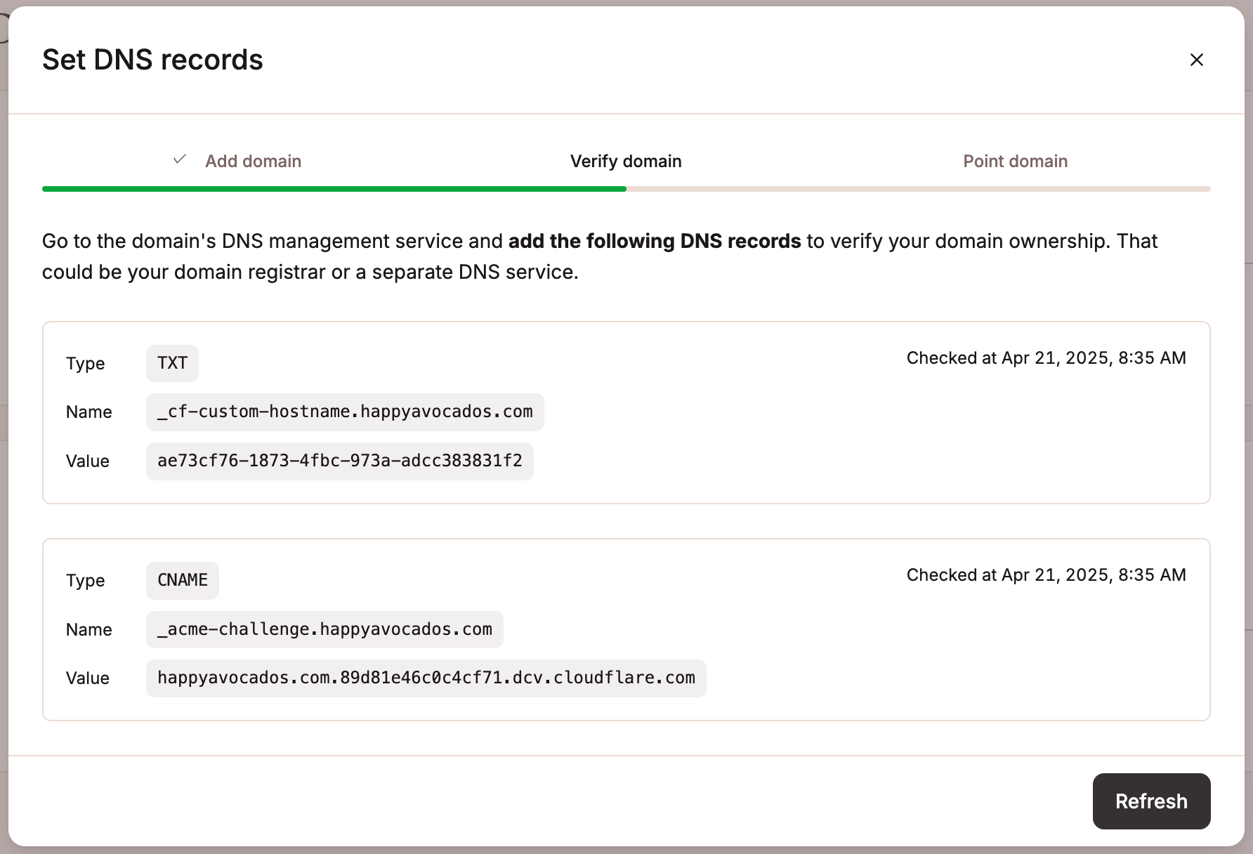 Add the TXT and CNAME record to your DNS records to verify your domain.
